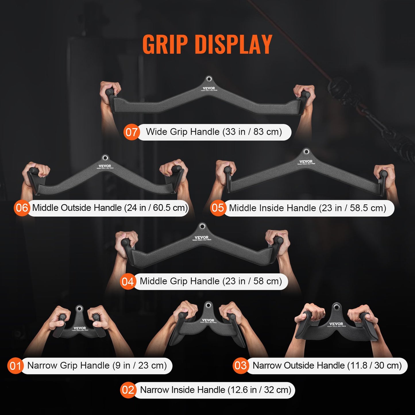 LAT Pulldown Attachments, Cable Machine Rowing T-bar V-bar 7 Set