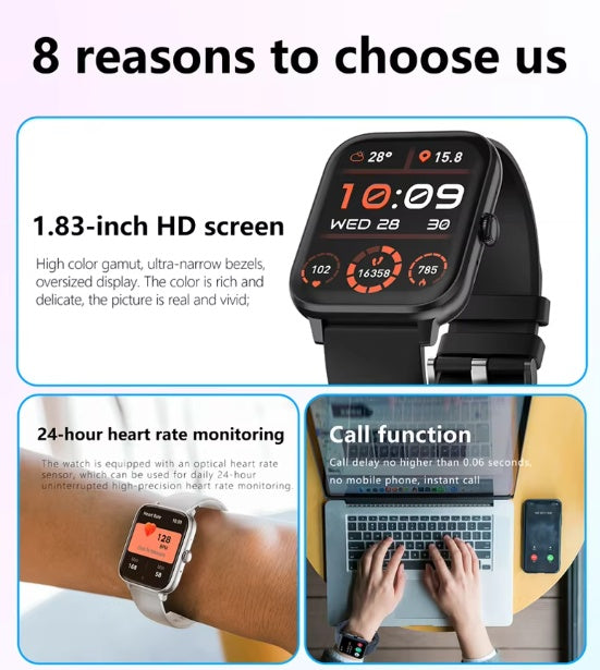 SmartWatch Men Women 1.83inch BT Face Heart Rate Fitness Tracker