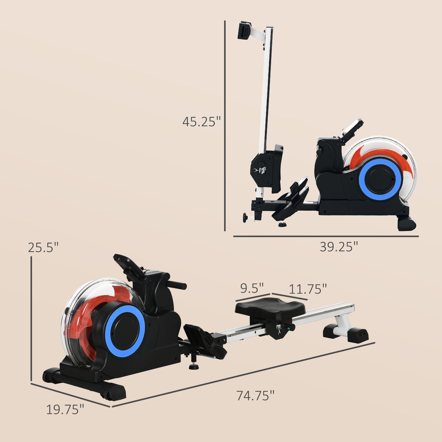 Foldable Rower Machine, Water Rowing Machine with Wheels, LCD Monitor