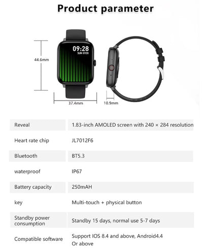 SmartWatch Men Women 1.83inch BT Face Heart Rate Fitness Tracker